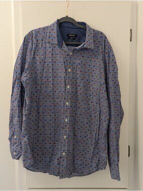 Bugatchi Mens Classic Fit Blue Gingham Shirt With Floral Pattern 100% Cotton Siz